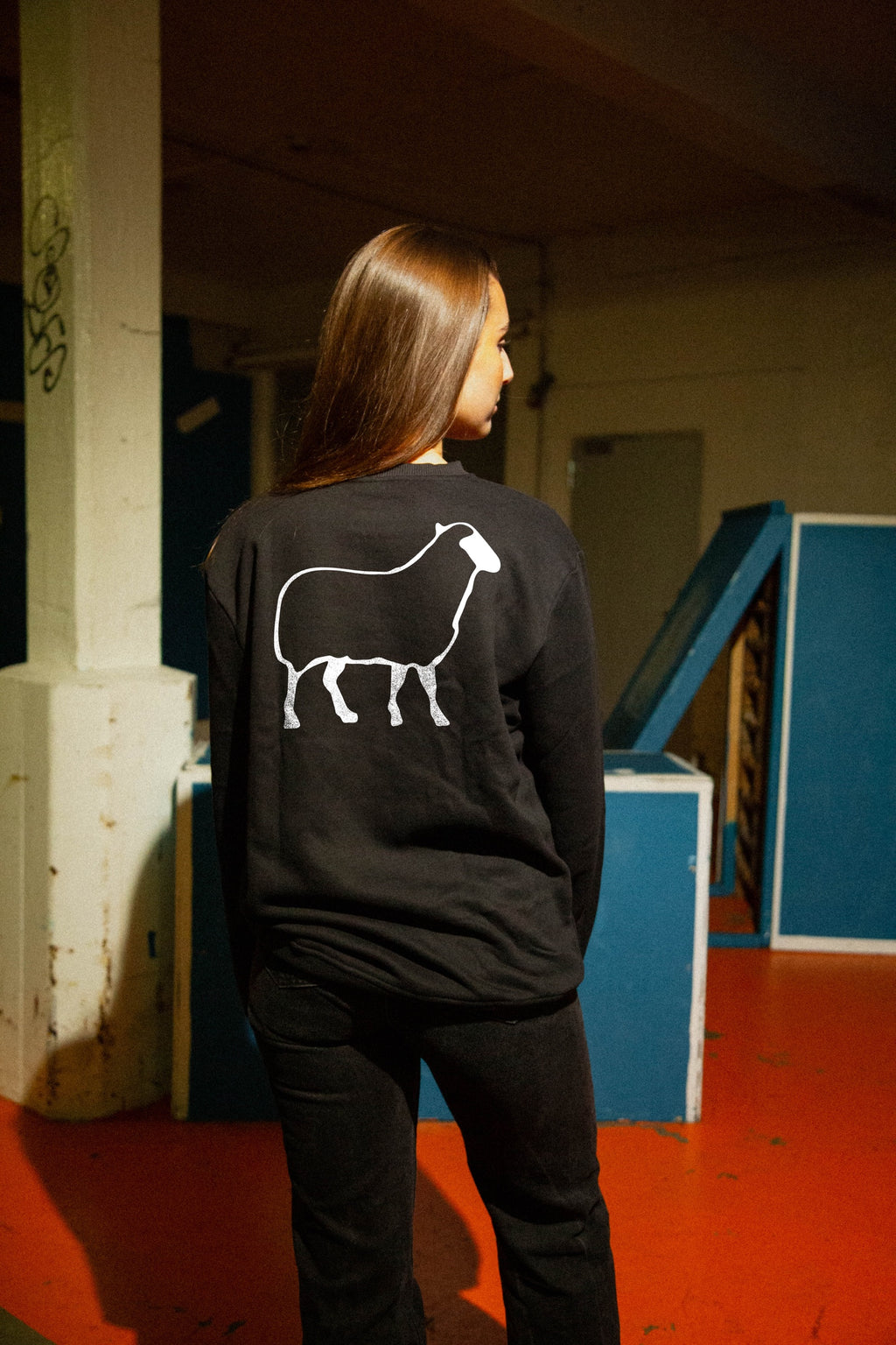 EKKÓ crewneck sweatshirt, svart — aftan, nærmynd av prenti, prent "Eg var tann eini."