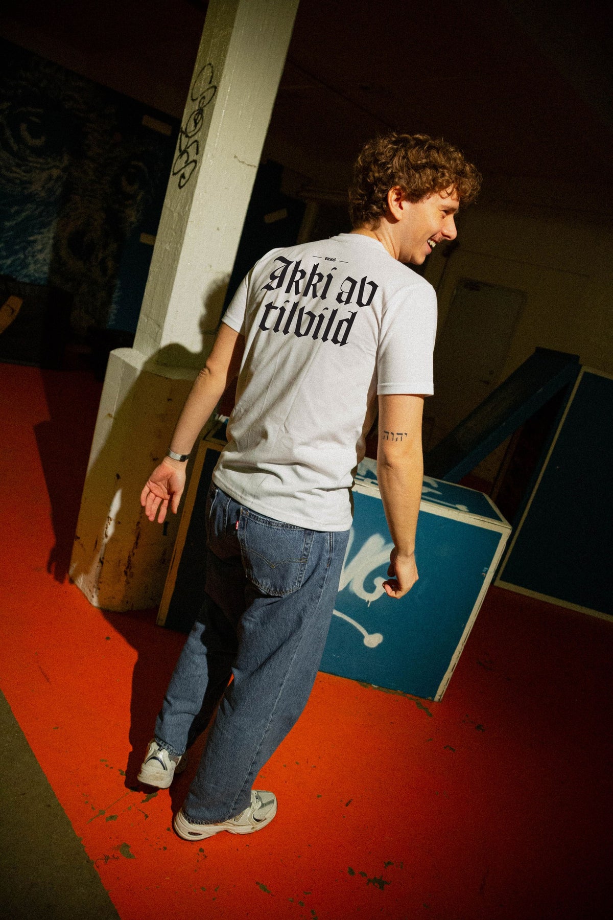 EKKÓ regular-fit t-shirt, hvítt — aftan, maður, prent "Ikki av tilvild"