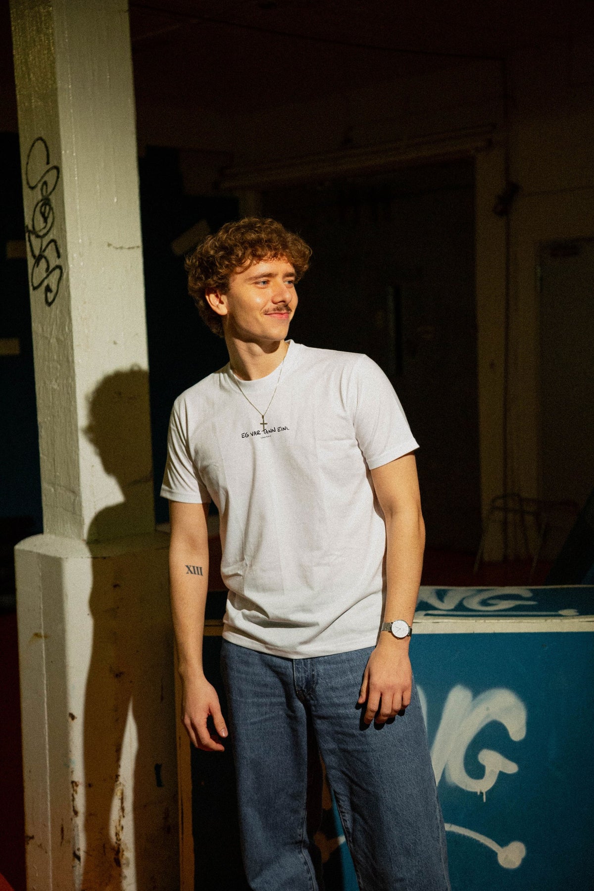 EKKÓ regular-fit t-shirt, hvítt — framman, maður, prent "Eg var tann eini."
